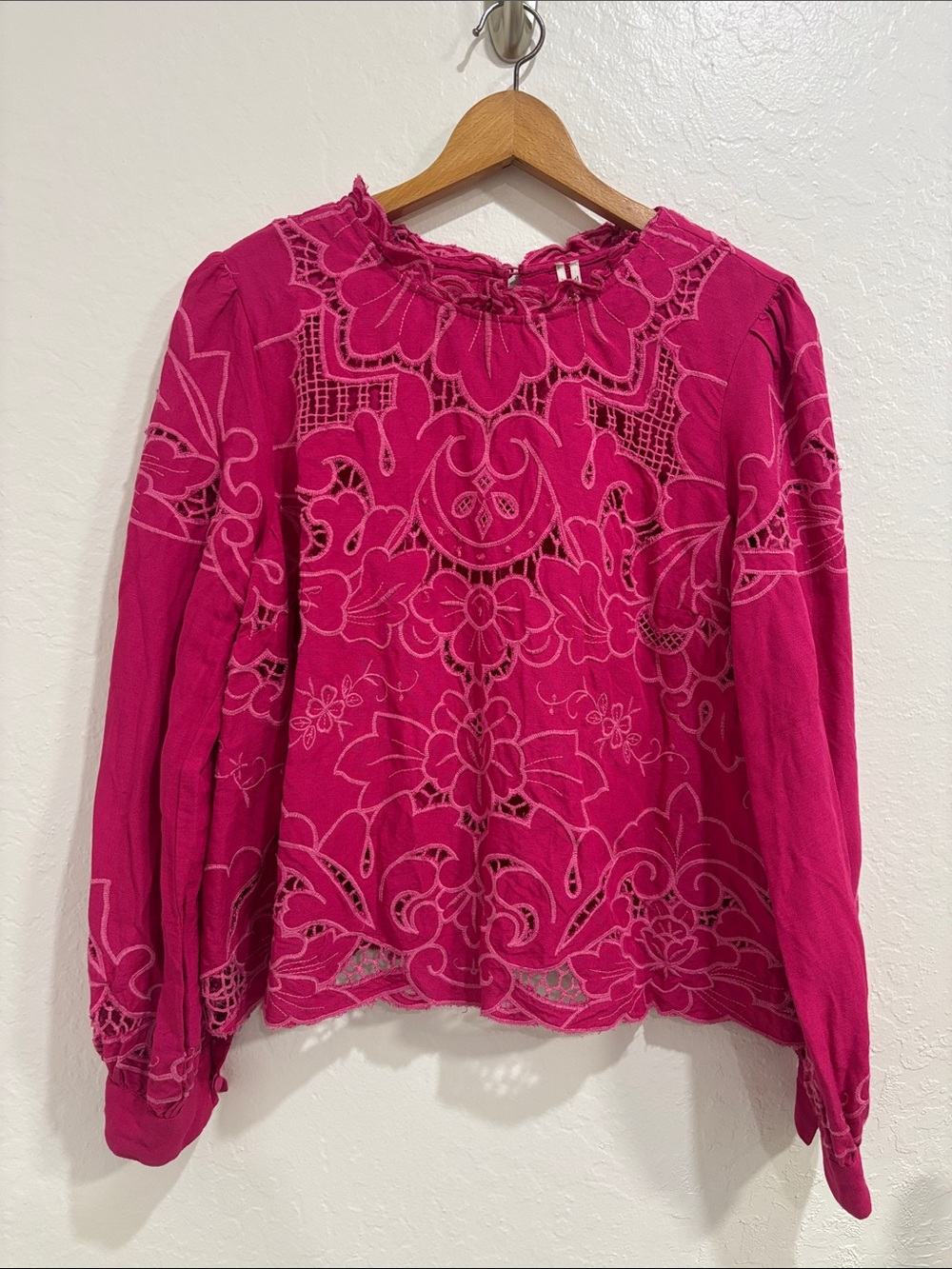 Anthropologie Women's Embroidered Long Sleeve Top - Fuchsia Pink
